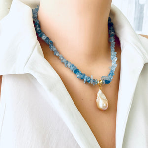 Aquamarine Necklace With Golden Pink Baroque Pearl Pendant, March Birthstone, 18"inches