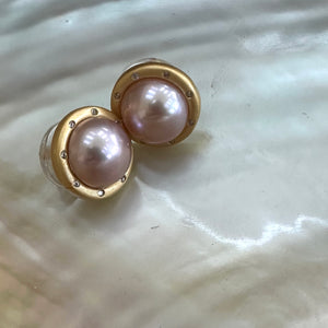 Pink Edison Mabe Pearl Stud Earrings with Cz, Gold