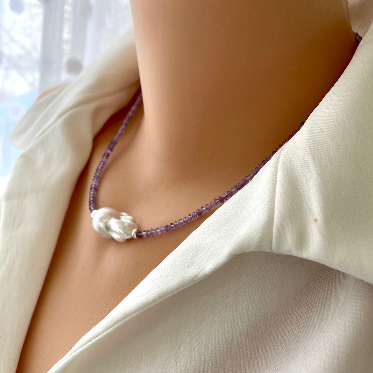 Dainty Light Lavender Amethyst & Baroque Pearl Necklace, February Birthstone, Silver, 17.5