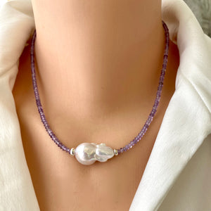 Dainty Light Lavender Amethyst & Baroque Pearl Necklace, February Birthstone, Silver, 17.5"in