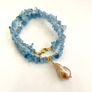 Aquamarine Necklace With Golden Pink Baroque Pearl Pendant, 18"