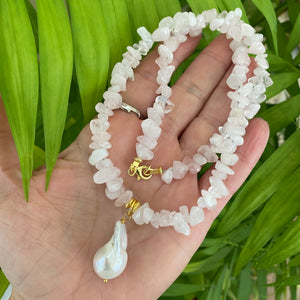 Rose Quartz Necklace & White Baroque Pearl Pendant, 19.5", Gold