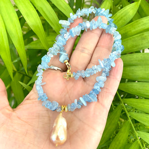 Aquamarine Necklace With Golden Pink Baroque Pearl Pendant, 18"