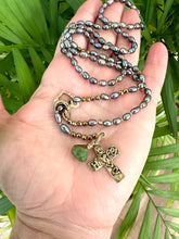 Load image into Gallery viewer, Y Long Pearl Necklace, Hope &amp; Love Cross Necklace, Prasiolite Charm, Religious Jewelry
