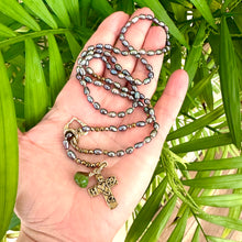 Load image into Gallery viewer, Y Long Pearl Necklace, Hope &amp; Love Cross Necklace, Prasiolite Charm, Religious Jewelry

