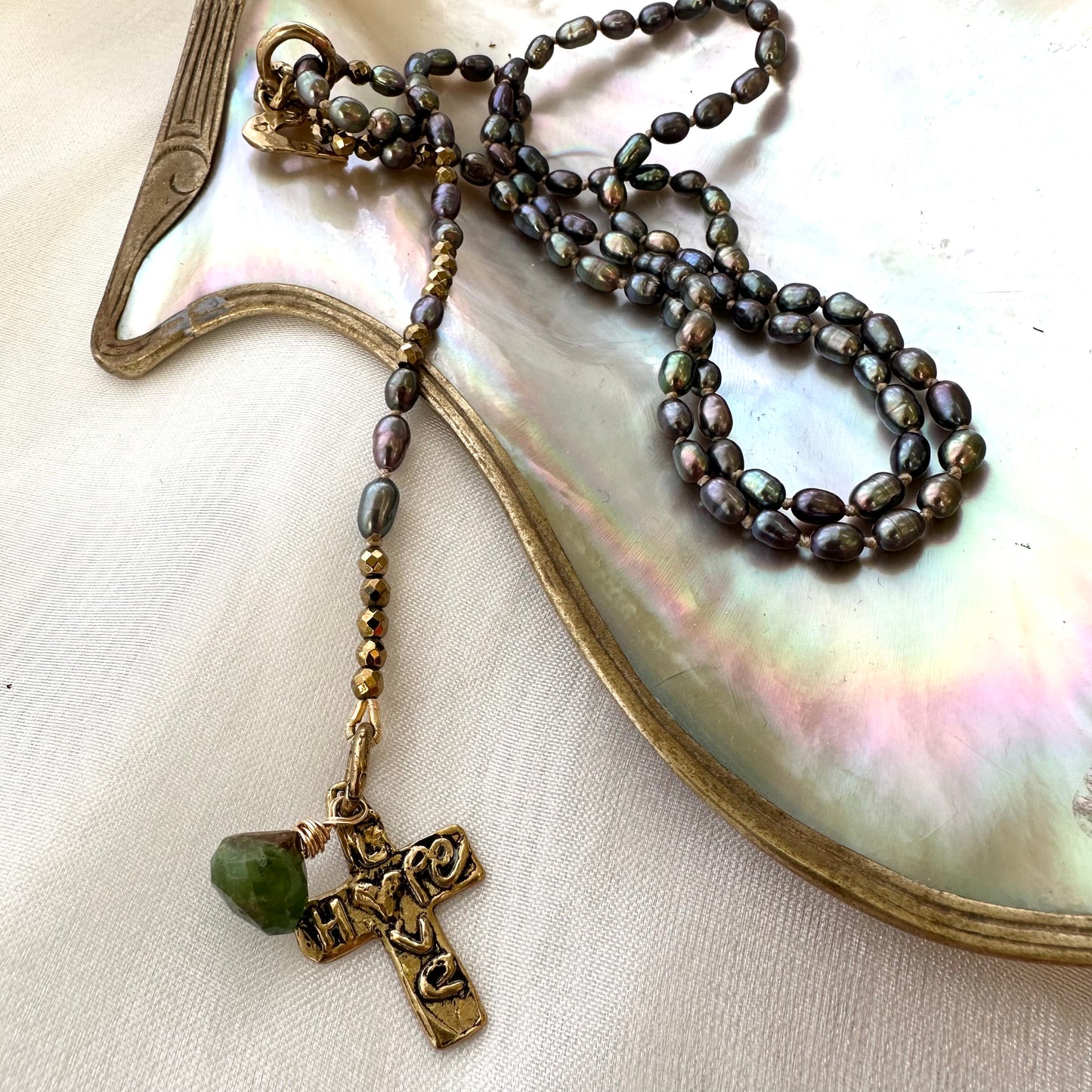 Hope & Love Cross Black Pearl Necklace