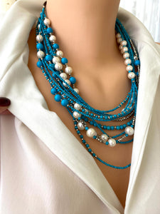 Layered Turquoise Necklace with pearls, 19.5",Silver
