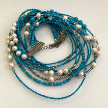 Lade das Bild in den Galerie-Viewer, 11 Strands Turquoise Necklace with Fresh Water pearls and Silver Coated Pyrite Beads
