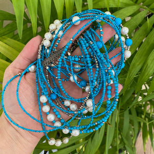 11 Strands Turquoise Necklace with Fresh Water pearls and Silver Coated Pyrite Beads