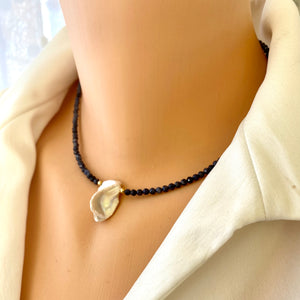 Sapphire & Single Keshi Pearl Choker Necklace, September Birthstone