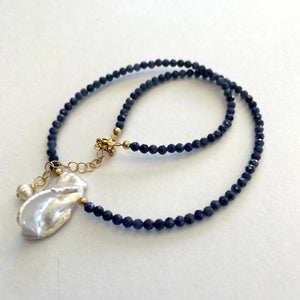 Sapphire & Single Keshi Pearl Choker Necklace, September Birthstone