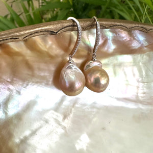 Golden Pink Baroque Pearl Dangle Earrings, Cz Pave Silver