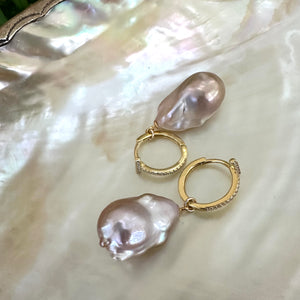 Pink Baroque Pearl Hoop Earrings in Gold