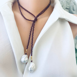 Red Garnet & two Large Baroque Pearls Lariat Necklace, January Birthstone, 42"in