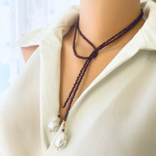 Cargar imagen en el visor de la galería, Red Garnet &amp; two Large Baroque Pearls Lariat Necklace, January Birthstone, 42&quot;in
