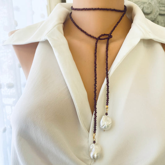 Red Garnet Lariat Necklace on model with long Y-drop and baroque pearl ends