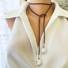 Cargar imagen en el visor de la galería, Red Garnet &amp; two Large Baroque Pearls Lariat Necklace, January Birthstone, 42&quot;in
