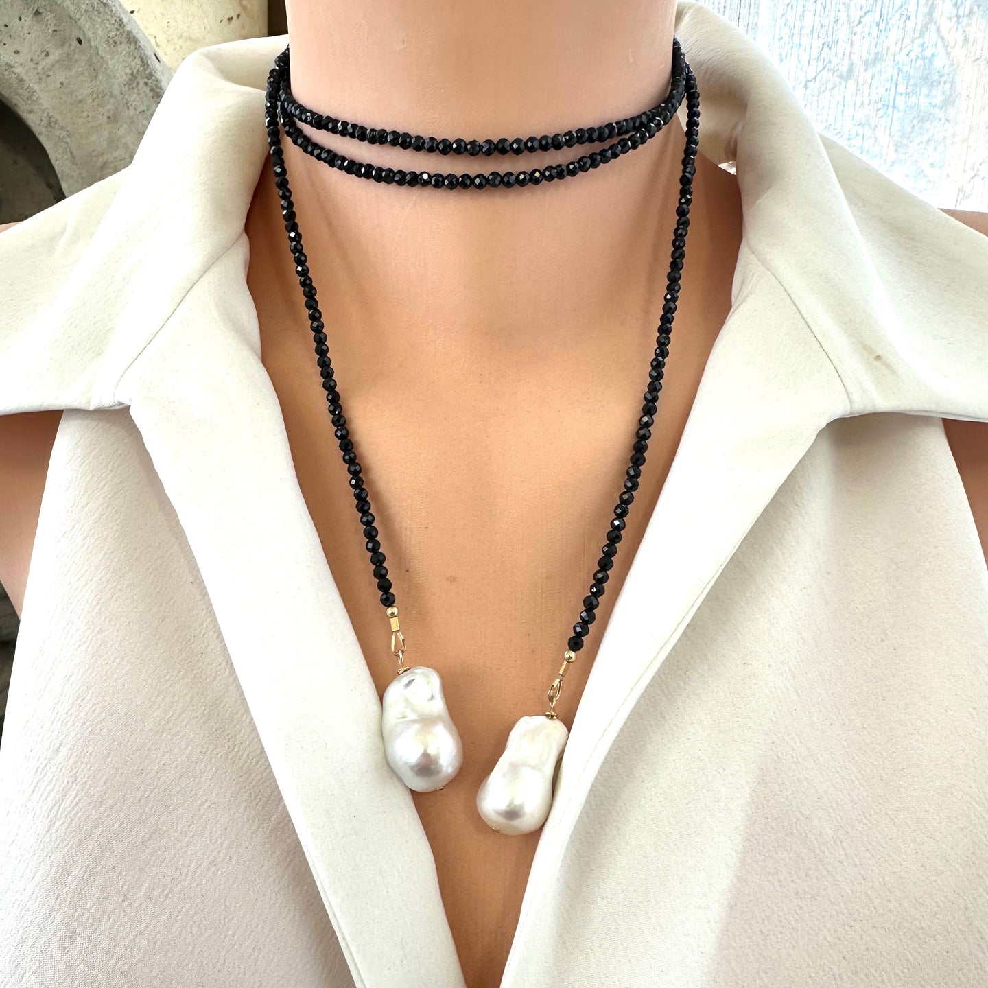 Black Spinel Beads & Two Baroque Pearl Lariat Wrap Necklace, 46” – Handmade in Canada