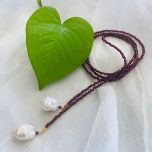 Red Garnet & two Large Baroque Pearls Lariat Necklace, January Birthstone, 42"in