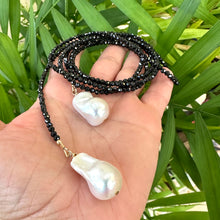 Load image into Gallery viewer, Black Spinel Beads &amp; Two Baroque Pearl Lariat Wrap Necklace, 46” – Handmade in Canada
