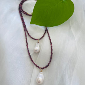 Red Garnet & Baroque Pearl Pendant Necklace, 14K GF, in 21.5"& 28"