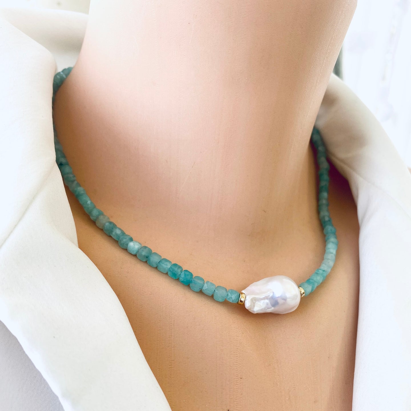 Blue Amazonite Beaded Necklace w Fresh Water White Baroque Pearl and Gold Filled Details, 17