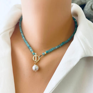 Blue Amazonite Toggle Necklace with Baroque Pearl Pendant, Gold Plated,  16.5"in