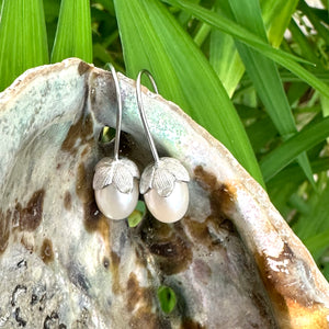 Freshwater White Rice Pearl Tulip Earrings, Gold or Silver