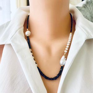 Asymmetric Black Spinel & Freshwater Baroque Pearl Necklace, Gold Filled, 21.5"inch