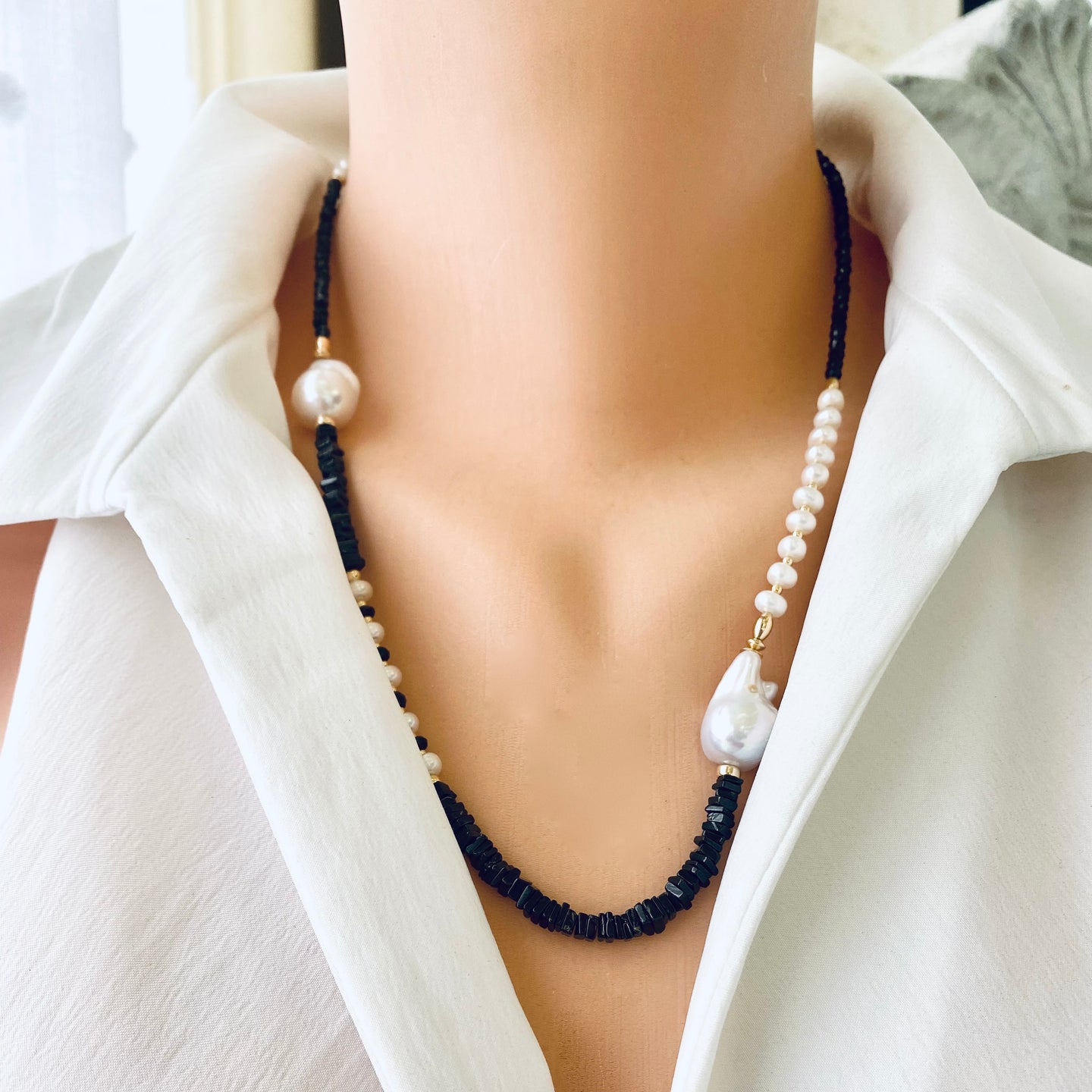 Asymmetric Black Spinel & Freshwater Baroque Pearl Necklace, Gold Filled, 21.5