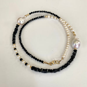 Asymmetric Black Spinel & Freshwater Baroque Pearl Necklace, Gold Filled, 21.5"inch
