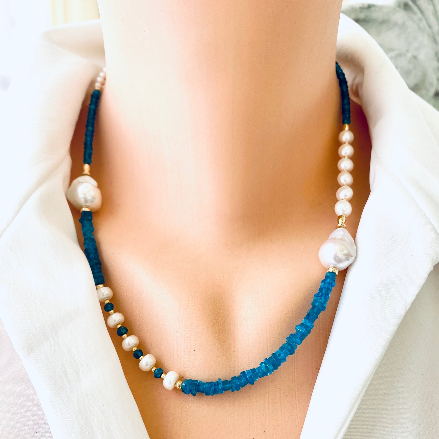 Blue Apatite Baroque Pearl Necklace | Asymmetric 14K Gold Filled showcasing vivid ocean-blue tones and freshwater pearls.
