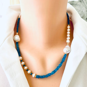 Asymmetric Blue Apatite & Baroque Pearls Necklace, 14K GF, 19"