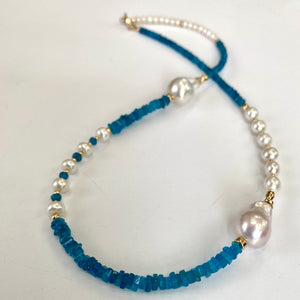 Asymmetric Blue Apatite & Baroque Pearls Necklace, 14K GF, 19"