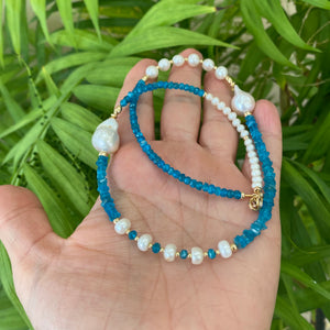 Asymmetric Blue Apatite & Baroque Pearls Necklace, 14K GF, 19"