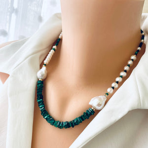 GREEN MALACHITE AND FRESHWATER PEARLS ASYMMETRICAL NECKLACE 