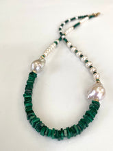 Charger l&#39;image dans la galerie, Asymmetric Malachite &amp; Freshwater Baroque Pearl Necklace, Gold Filled, 19&quot;inch
