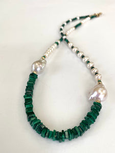 Asymmetric Malachite & Freshwater Baroque Pearl Necklace, Gold Filled, 19"inch