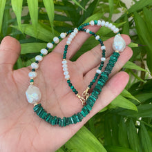 Cargar imagen en el visor de la galería, Asymmetric Malachite &amp; Freshwater Baroque Pearl Necklace, Gold Filled, 19&quot;inch 
