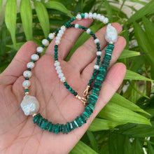 Load image into Gallery viewer, Asymmetric Malachite &amp; Baroque Pearls Necklace, 14K GF, 19&quot; – Handmade in Canada
