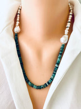 Charger l&#39;image dans la galerie, Asymmetric Emerald &amp; Freshwater Baroque Pearl Necklace, Gold Filled, 21&quot;inch, May Birthstone
