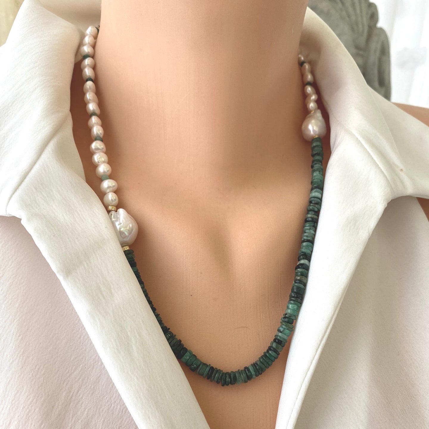 Asymmetric Emerald & Freshwater Baroque Pearl Necklace, Gold Filled, 21