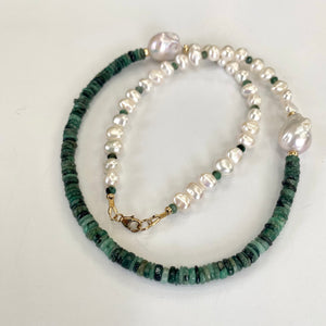 Asymmetric Emerald & Freshwater Baroque Pearl Necklace, Gold Filled, 21"inch, May Birthstone