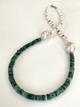 Cargar imagen en el visor de la galería, Asymmetric Emerald &amp; Freshwater Baroque Pearl Necklace, Gold Filled, 21&quot;inch, May Birthstone
