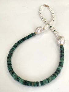 Asymmetric Emerald & Freshwater Baroque Pearl Necklace, Gold Filled, 21"inch, May Birthstone