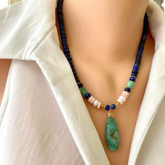 Lapis lazuli chrysoprase pink opal necklace worn on model with green chrysoprase pendant