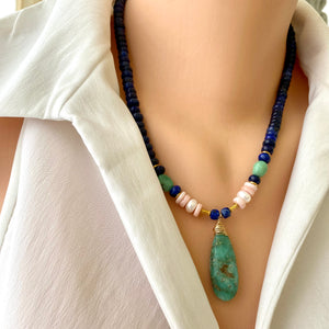 Lapis Lazuli, Chrysoprase and Pink Opal Necklace