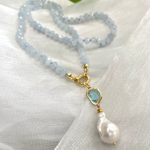 Aquamarine Candy Necklace, Baroque Pearl Pendant, GV, 19-21"