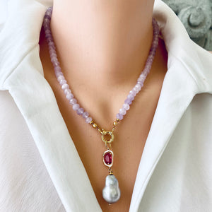Lavender Amethyst Candy Necklace, Baroque Pearl Pendant, Gold Vermeil, February birthstone, 18.5"
