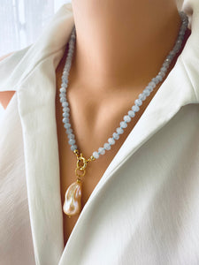 Aquamarine Candy Necklace, Baroque Pearl Pendant, Gold Vermeil, March Birthstone, 19-21"inches